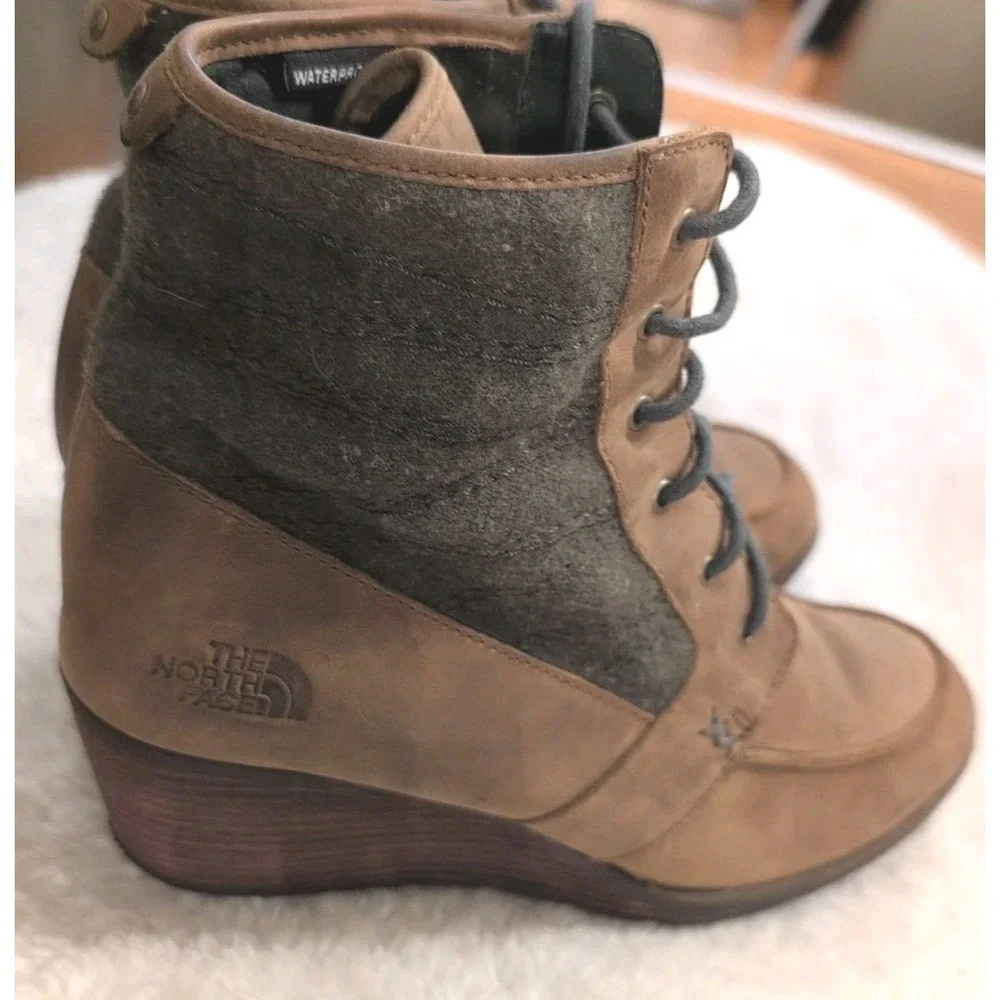 The North Face Bridgeton Wedge Boots Brown Leather Gray Fabric Women's Sz 9M GUC